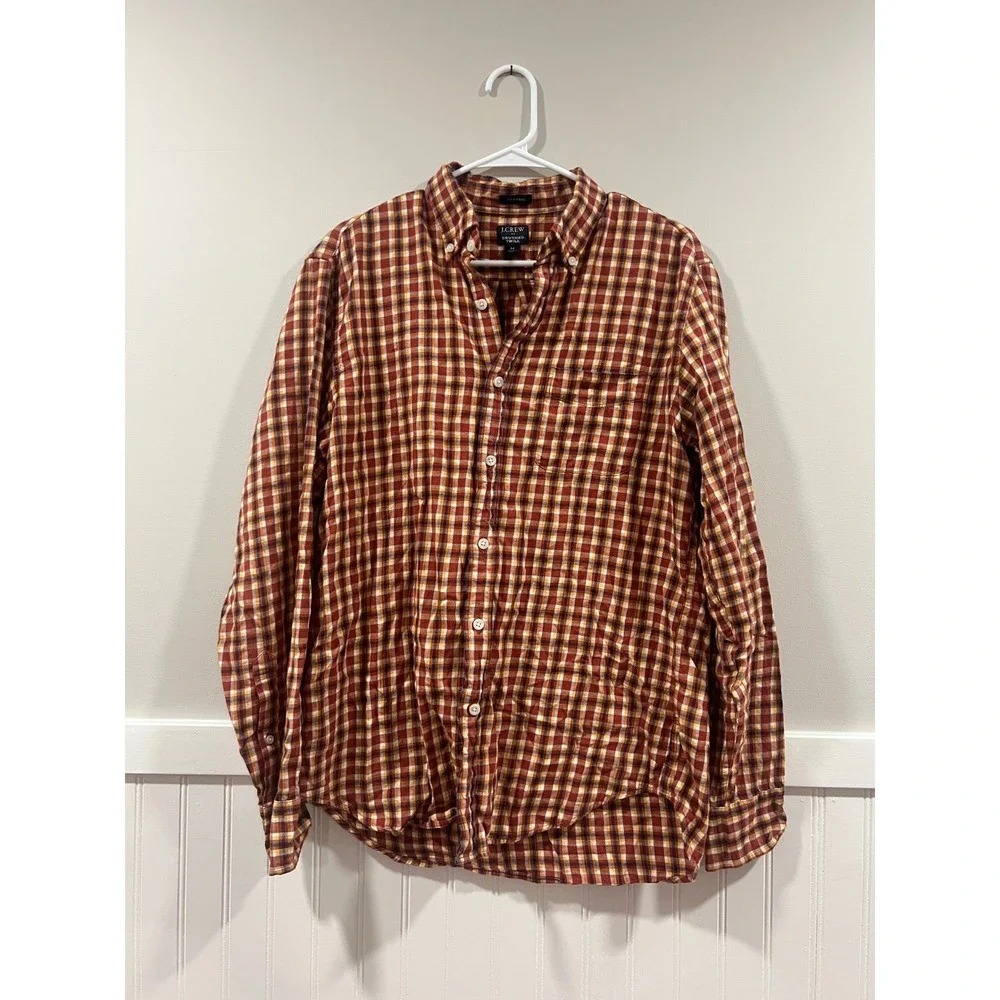 J. Crew Button Down Shirt Brushed Twill Classic Fit Red Yellow Fall Men Size Med